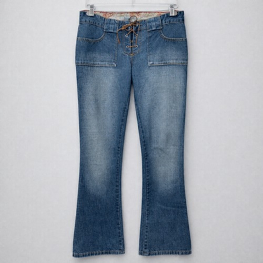 Abercrombie Jeans Y2K Womens 30x29 Blue Lace Up Flare Boho Retro Hippie Festival